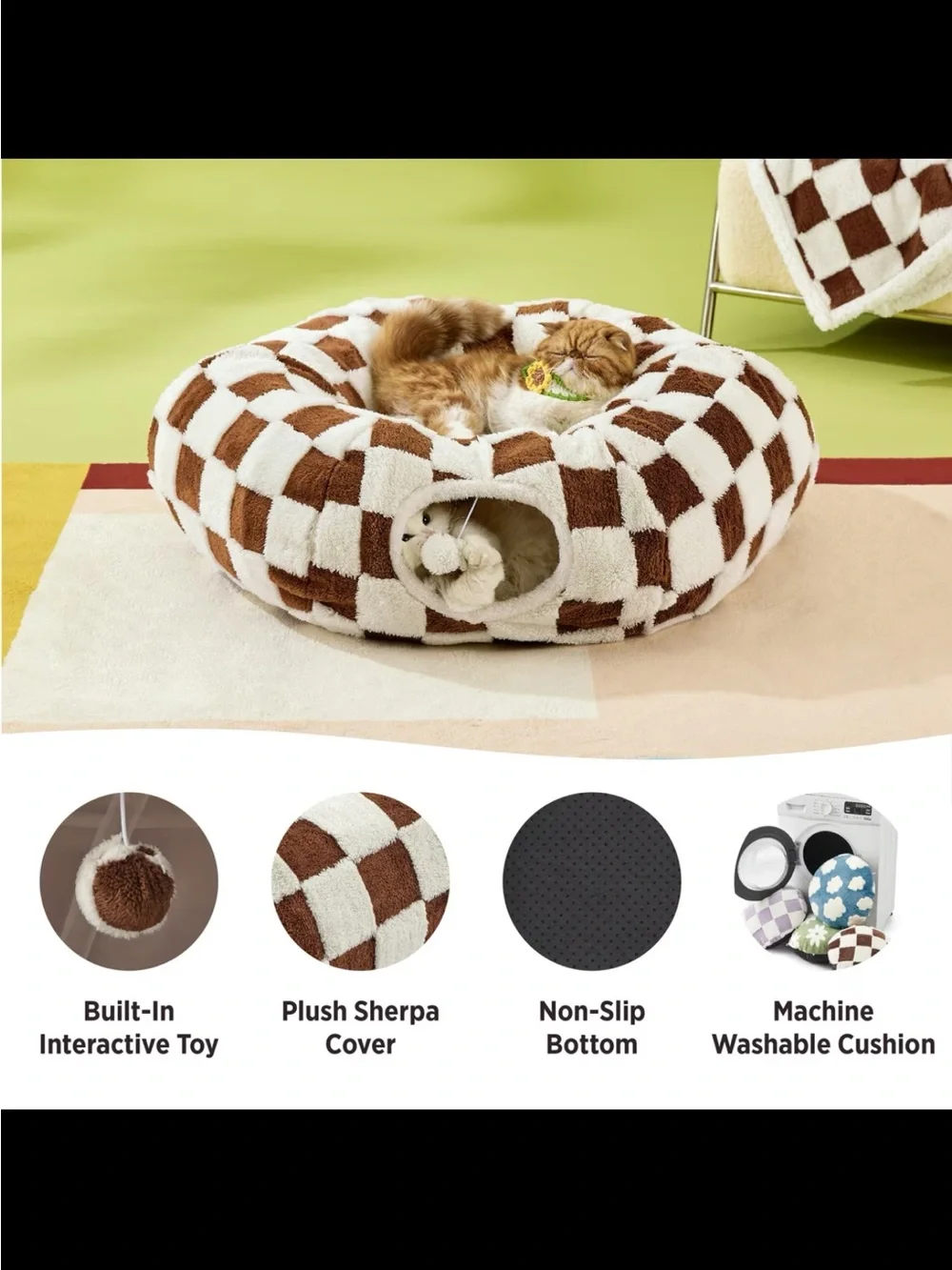 BROWN COZY CHECKERED PLUSH CAT TUNNEL
